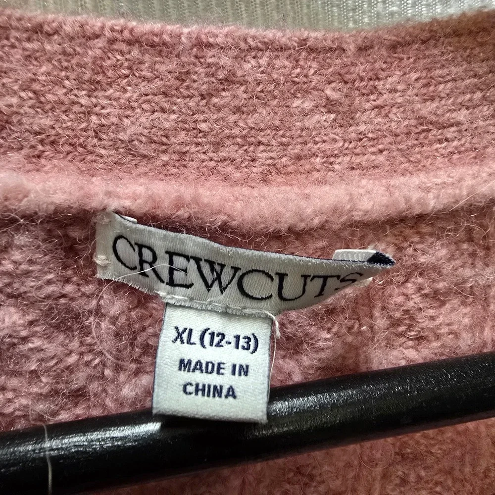 JCrew Crewcuts Girls Pink Merino Alpaca Cropped Cardigan Rhinestone Bow XL 12-13